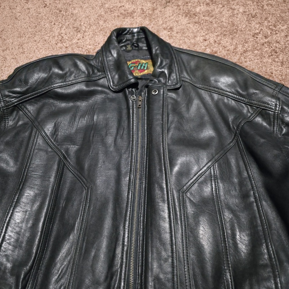 Global Identity G-III Black Leather Moto Mens Large Bomber Jacket Biker Coat - Picture 4 of 12